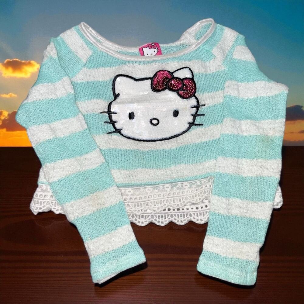 Hello Kitty Girls Sweater Size 6 Blue White Stripe Sequin Pink Bow Pullover Top